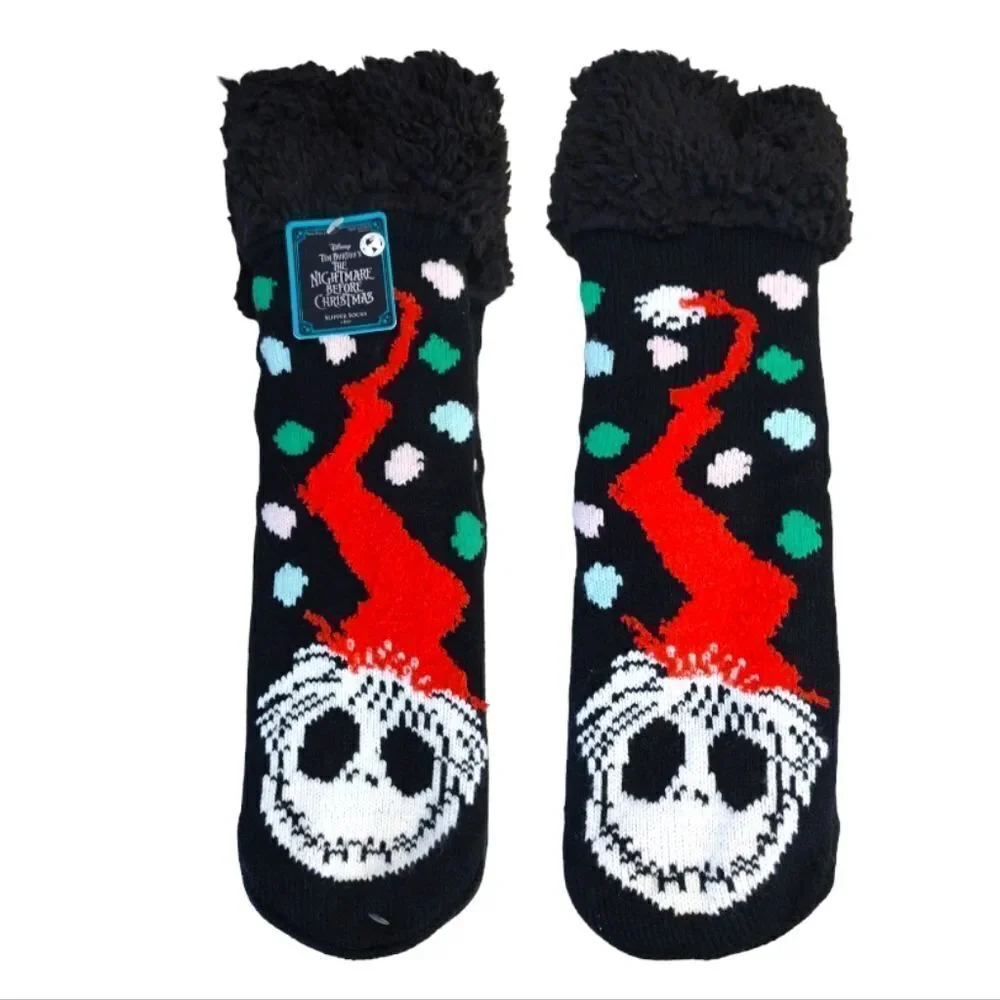 Disney Nightmare Before Christmas Black Sherpa Holiday‎ Slipper Socks NWT